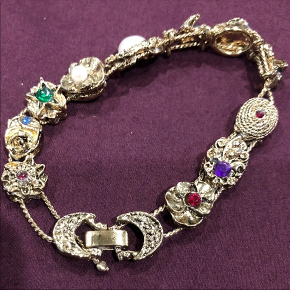 Vtg Slide Bracelet, Rhinestone Gold Plated Slide - Picture 3 of 15